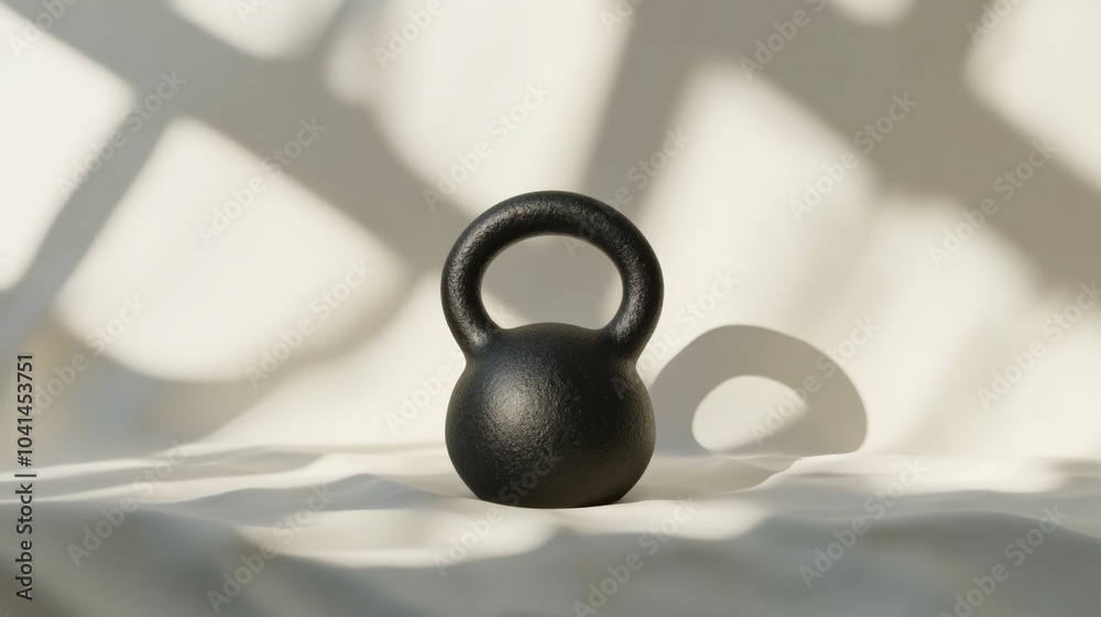 Poster a black kettlebell sits on a light surface, illuminated by sunlight that creates gentle shadows, add