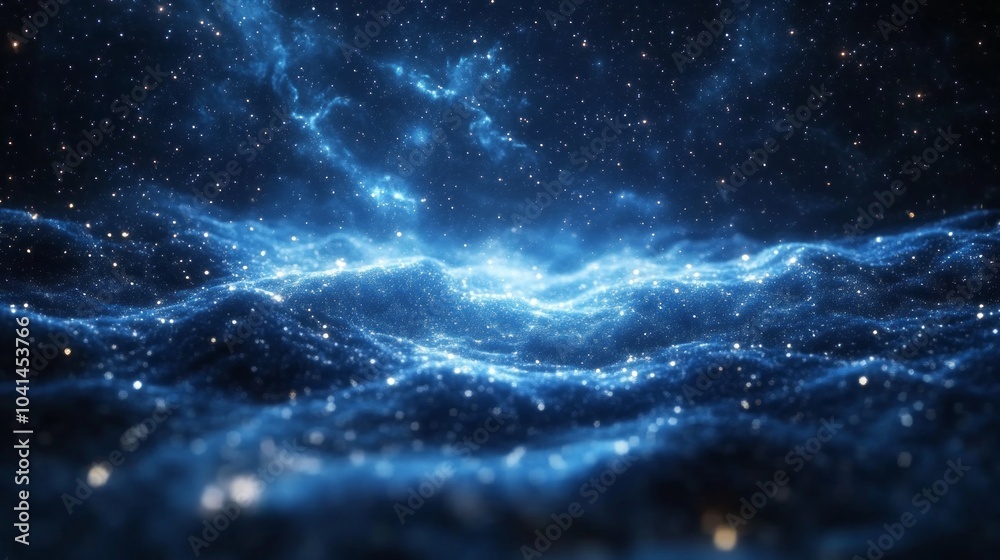 Poster the image is of a blue ocean with a lot of stars in the background