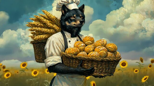 A wolf wearing a chef's hat carries a basket of bread in a field of sunflowers