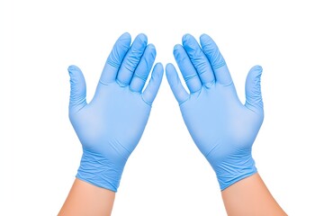 Fototapeta premium A Pair of Blue Latex Gloves Held Up by a Healthcare Worker, Isolated on a Solid White Background, Health