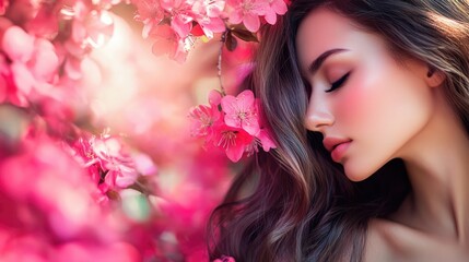 Naklejka premium Beautiful model with cascading brown hair in a vibrant spring garden surrounded by blooming pink flowers Suitable for beauty salon advertising design Banner concept