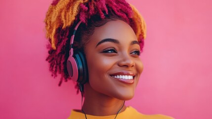 Naklejka premium Joyful young African American woman with vibrant hair wearing headphones enjoying music against a pink backdrop