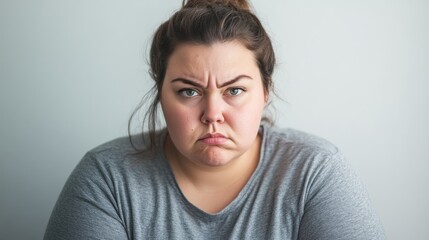 Obese woman with an angry expression gazing directly at the camera against a plain white backdrop