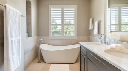 Contemporary bathroom with sleek fixtures and neutral colors, no people, room for copy text