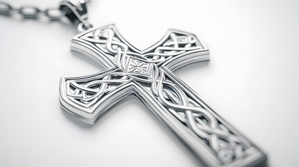 Intricate silver celtic cross pendant on chain showcasing decorative patterns