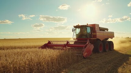 Obraz premium Red Combine Harvester in Soybean Field at Sunset