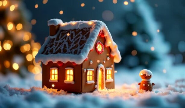 Animated festive Christmas gingerbread house on snowy bokeh background