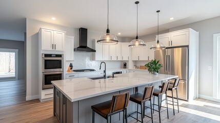 Contemporary kitchen with large island and sleek appliances, no people, room for copy text