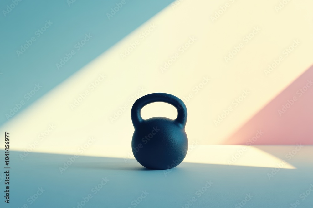 Poster this black kettlebell is positioned on a flat surface, illuminated by gentle lighting that highlight