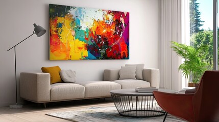 Contemporary living room with modern furniture and abstract art, no people, ample space for text