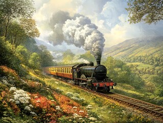 Charming Antique Train Racing Through Lush Countryside: Perfect Vintage Poster for Sports or Travel Enthusiasts' Interiors!