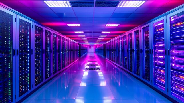Server room with advanced cooling systems, including liquid cooling units, and energy-efficient hardware for eco-friendly data processing