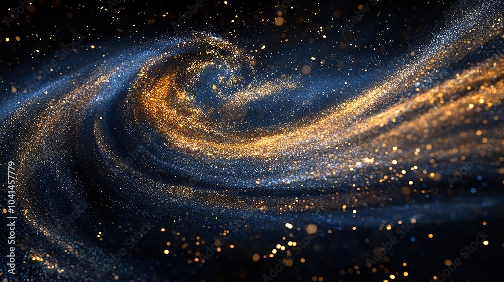 Poster blue and gold particle vortex with dynamic swirl and wind blowing effect in motion for artistic back
