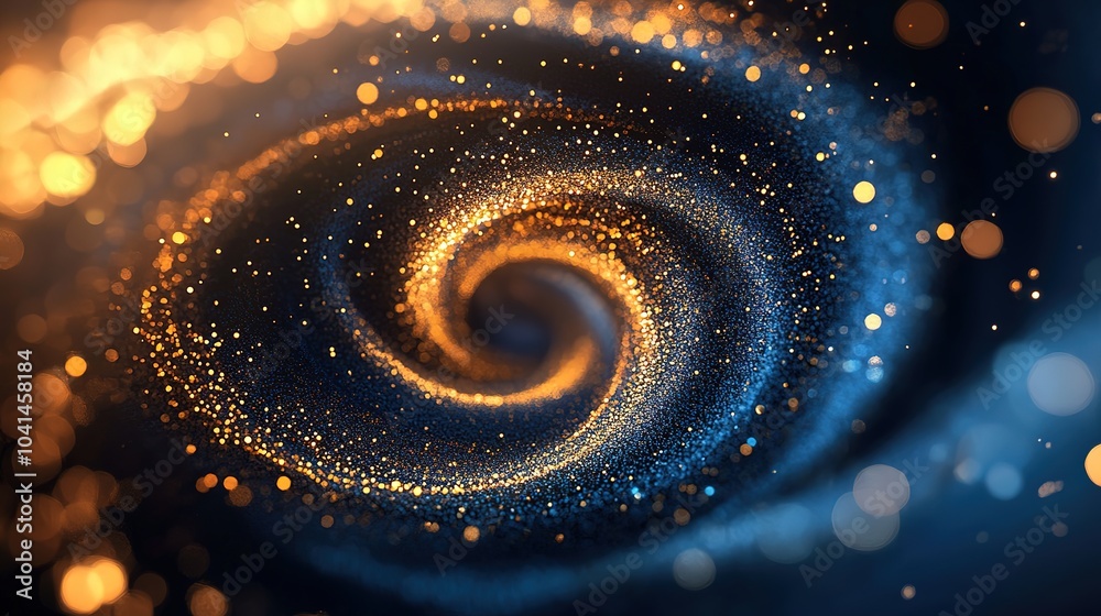 Poster blue and gold particle vortex with dynamic swirl and wind blowing effect in motion for artistic back