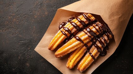Crispy churros with chocolate sauce, a festival favorite, top view, copy space, no people