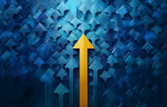 A single, yellow, upward pointing arrow stands out against a backdrop of countless, blue, upward pointing arrows.