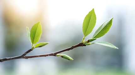 Fresh green leaves on a branch captured in natural light symbolizing growth and renewal in nature's splendor