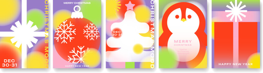 Festive Christmas and New Year cards with trees, penguin, and gifts. Perfect for holiday greetings, invitations, banners, and other Christmas projects. Bright and modern design for the holiday season.