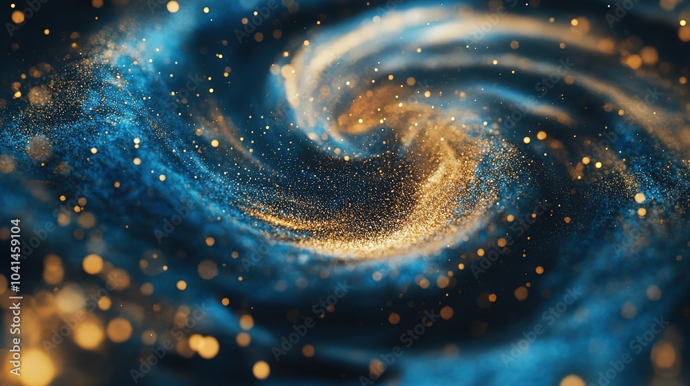 Poster blue and gold particle vortex with dynamic swirl and wind blowing effect in motion for artistic back