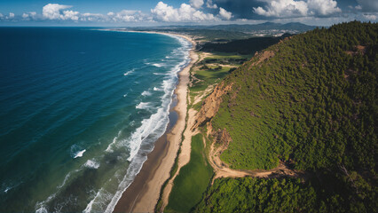 A breathtaking landscape with rugged cliffs, a winding river, lush green valleys, and distant ocean view under a partly cloudy sky.