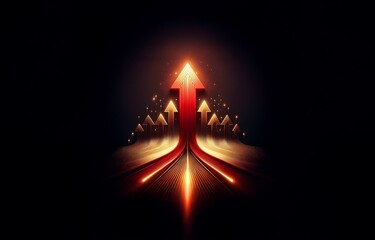 A glowing red arrow points upward on a dark background, surrounded by smaller golden arrows and a trail of golden lines.