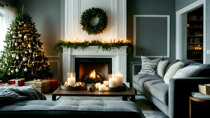 Cozy Christmas living room with a burning fire, an elegant fireplace, a white mantel with candles and evergreen garland, a festive wreath, a decorated Christmas tree with lights and ornaments,