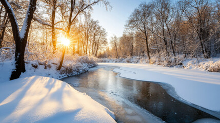 serene winter landscape featuring river surrounded by snow covered trees, illuminated by warm glow of setting sun. tranquil scene evokes sense of peace and beauty in nature
