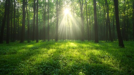 Obraz premium Sunlight filtering through a lush green forest illuminating the tranquil beauty of nature's canopy and earthy ground