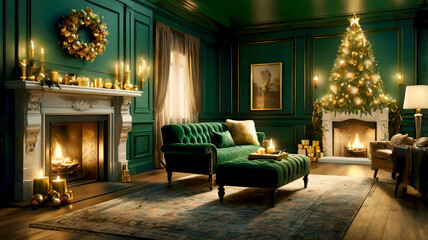 Luxurious Christmas interior with dark green paneled walls, elaborate gold trim, star-topped Christmas tree decorated with gold ornaments, a crackling fireplace