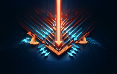 A glowing orange arrow points down, surrounded by blue arrows pointing up.