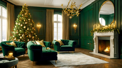 Luxurious Christmas interior with dark green paneled walls, elaborate gold trim, star-topped Christmas tree decorated with gold ornaments, a crackling fireplace