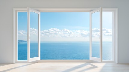 Breathtaking coastal view through open windows enhancing the serenity of a modern living space with inviting atmosphere