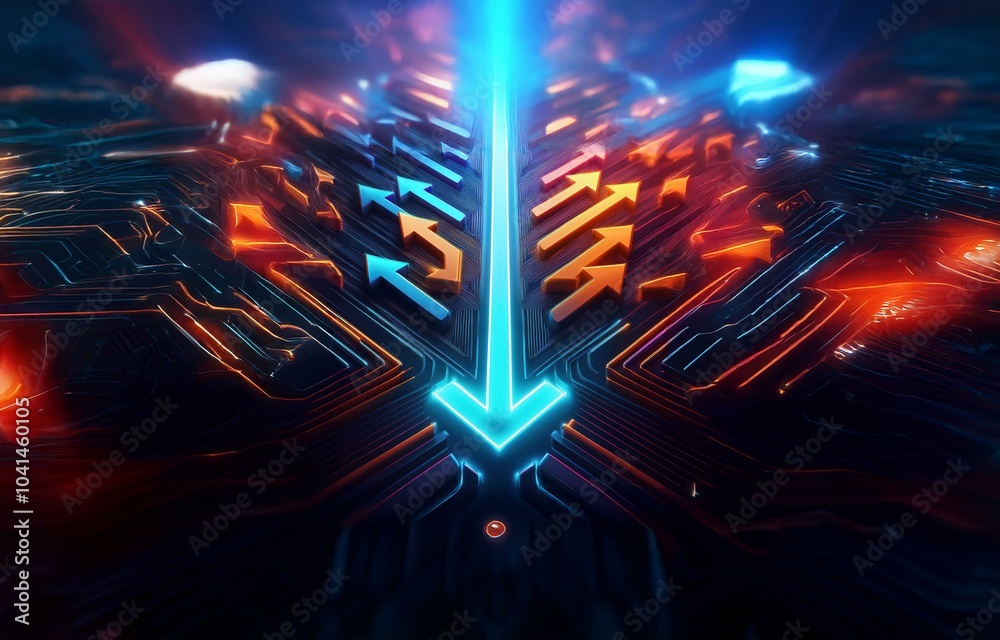 Fototapete Abstract digital artwork with a futuristic, tech-inspired style. The image features bright neon colors and a network of glowing lines with arrows pointing in different directions.