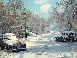 Serene Snowy Landscape: Captivating Vehicles Covered in Snow – Perfect for a Winter-Themed Poster in Sports or Outdoor Decor