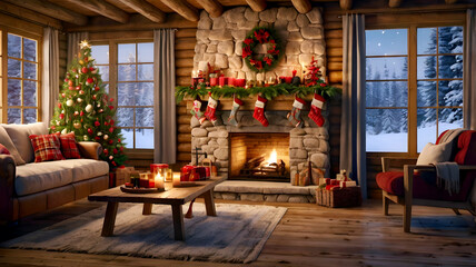 Warm, cozy log cabin interior; decorated Christmas tree with red ornaments and twinkling lights; wooden table in front; hanging stockings for Christmas; rustic stone fireplace; golden glow; pine wood 