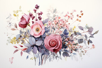 Beautiful watercolor bouquet features pink roses and blue leaves, watercolor floral illustration, floral bouquet clipart