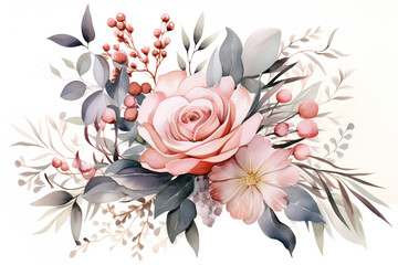 Watercolor blush floral arrangement with roses and eucalyptus, wedding eucalyptus flower, flower arrangement, floral illustration