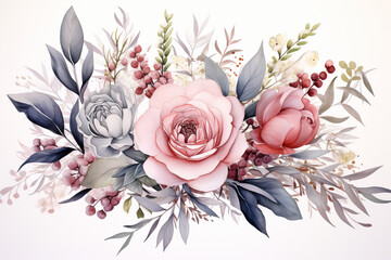 Watercolor bouquet blooms with aesthetic rustic floral elegance, wedding rustic flower, flower arrangement, floral illustration