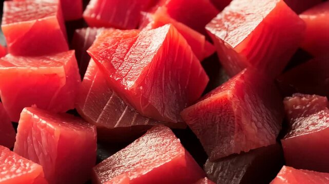 Close-up of raw, red tuna cubes, ready for a delicious meal