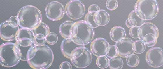 Effect of soap bubbles in flight against a transparent background is presented in a realistic manner.