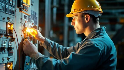 A worker in a hard hat examines a lit electrical panel in an industrial setting
