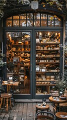 Naklejka premium storefront of A cozy artisanal cheese shop with wooden shelves visible through the windows, rustic decor, and a welcoming front door