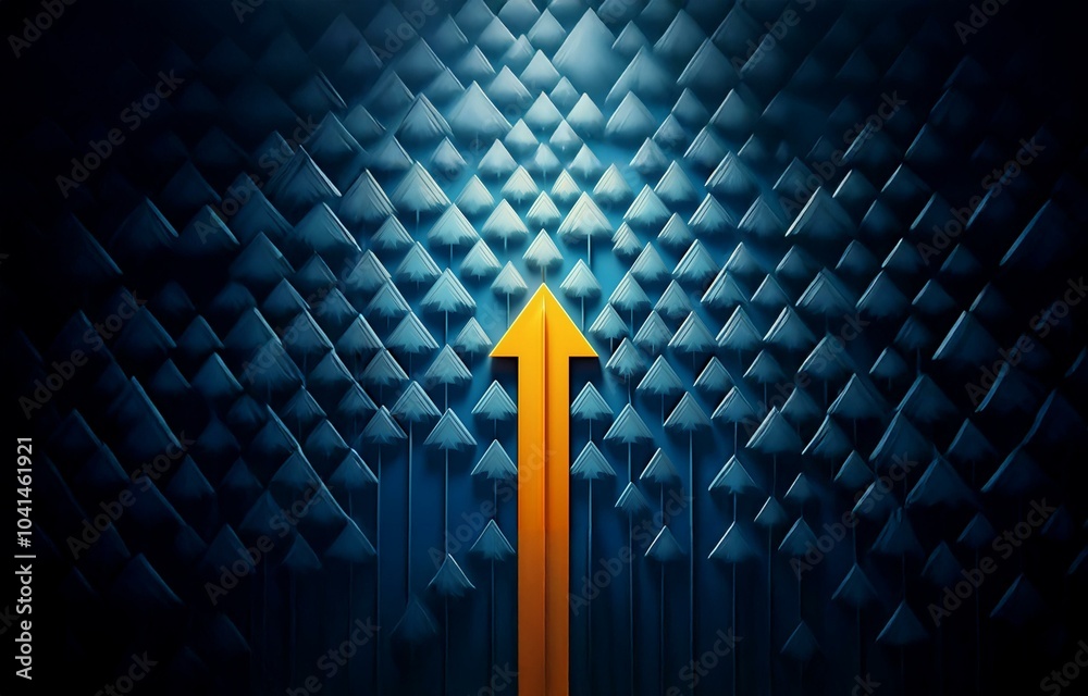 Wall mural a single bright orange arrow points upward against a backdrop of numerous dull blue arrows.