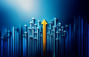 A single yellow arrow rises above a field of blue arrows.