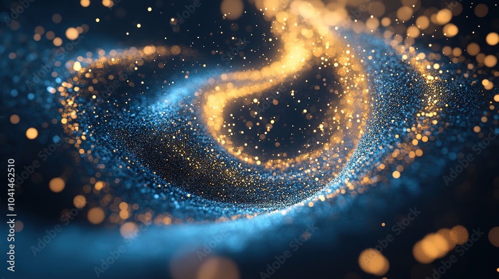 Poster blue and gold particle vortex with dynamic swirl and wind blowing effect in motion for artistic back