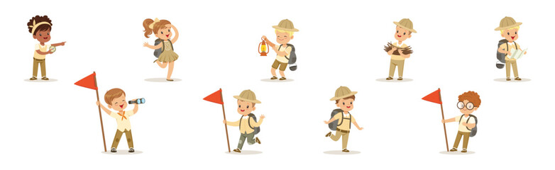 Boy and Girl Scout Character in Uniform Explore and Discover Vector Set