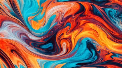 Obraz premium Immersive Abstract Fluid Art Featuring a Beautifully Chaotic Mix of Swirling Colors, Blending Fiery Reds, Cool Blues, and Bright Oranges into a Stunn (48)