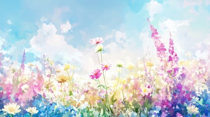 Naklejka premium Soft Watercolor Wildflowers in Serene Landscape