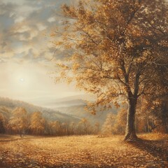 Fototapeta premium A serene autumn landscape with golden leaves 