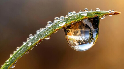 close up view of leaf with water droplets, showcasing beauty of nature. droplets reflect surrounding environment, creating stunning visual effect